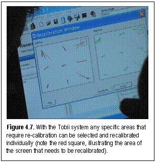 Figure 4.7. With the Tobii system any specific areas that require re-calibration can be selected and recalibrated individually (note the red square, illustrating the area of the screen that needs to be recalibrated).