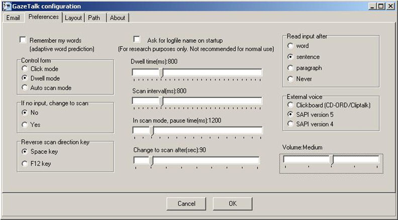 GazeTalk preferences dialog