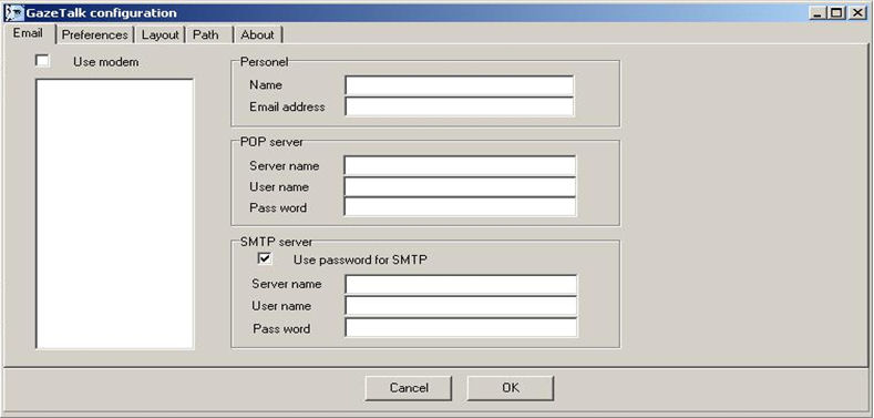 GazeTalk email settings dialog